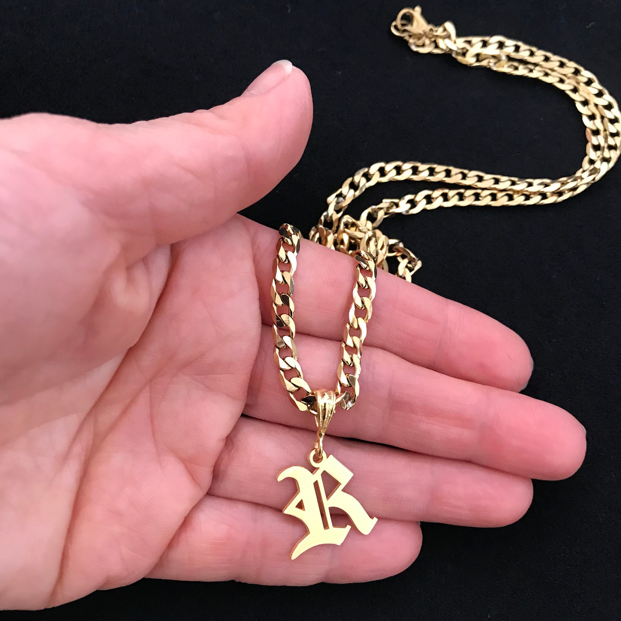 14K Gold P. Letter Necklace, Customized Pendant, Curb Chain Letter