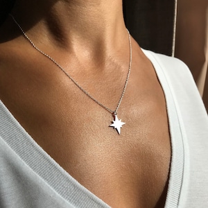 Tiny Silver Pole Star Necklace, Dainty North Star Necklace Jewelry Small Polaris Necklace Stylish Starburst Pendant Modern Traveler Necklace