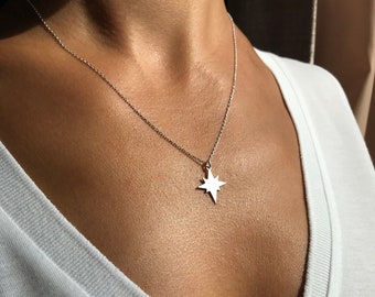 Tiny Silver Pole Star Necklace, Dainty North Star Necklace Jewelry Small Polaris Necklace Stylish Starburst Pendant Modern Traveler Necklace