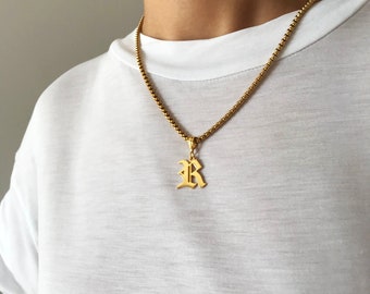 14K Gold P. Letter Necklace Personalized Pendant  Old English Silver Letter Pendant Bridesmaids Gift Mothers Day Gift Gold Initial Box Chain