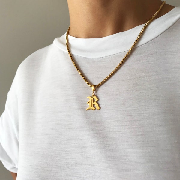 14K Gold P. Letter Necklace Personalized Pendant  Old English Silver Letter Pendant Bridesmaids Gift Mothers Day Gift Gold Initial Box Chain