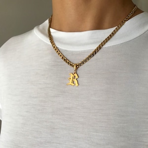 Colar de letra P de ouro 14K, pingente personalizado, letra de corrente de meio-fio, pingente de letra gótica de prata, colar gótico com corrente de meio-fio grossa