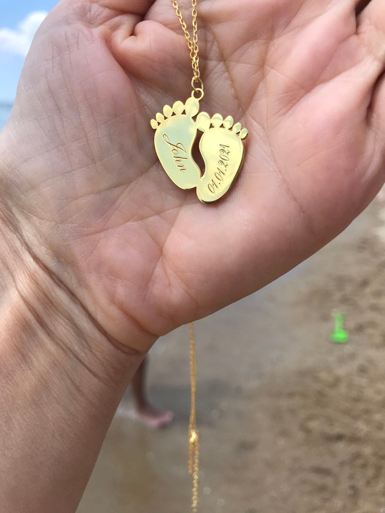 Silver Baby Feet Necklace Name Engraved Necklace Birthday Etsy