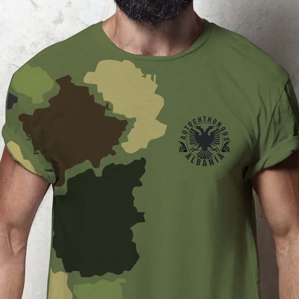 Autochthonous Albania map inspired camouflage t-shirt.