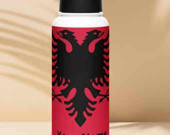 Albanian Personalised Stainless steel water bottle with a straw lid
