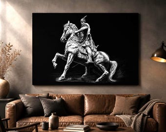 Skanderbeg Canvas Print, Albanian Warrior Horse Artwork, Black White Equestrian Decor