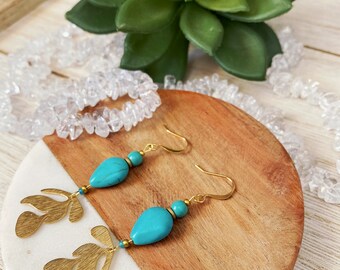 Turquoise and Brass Feather Dangle Earrings, Feather Earrings, Boho Earrings, Teal Earrings, Turquoise Earrings, Gifts for Her