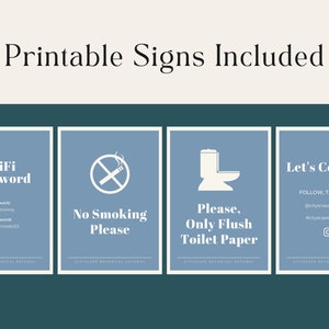 May include: Four printable signs with blue backgrounds and white text. The signs include: WiFi Password, No Smoking Please, Please, Only Flush Toilet Paper, and Let's Connect. The Let's Connect sign includes the text "FOLLOW, TAG, SHARE" and the hashtags "@cityscapebotanical" and "#cityscapebotanical".
