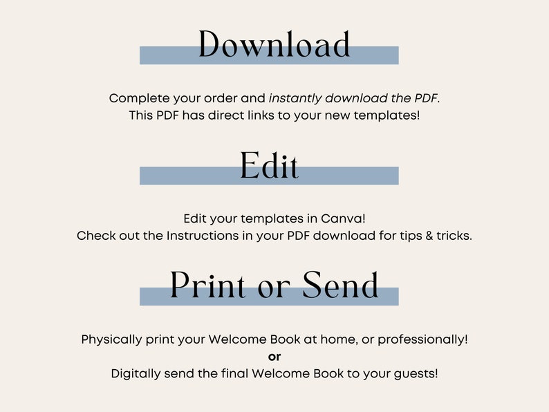 May include: A graphic with three blue bars with white text. The text reads "Download", "Edit", and "Print or Send". The text below the bars explains how to download, edit, and print or send a welcome book.