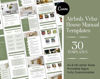 May include: A set of 30 printable house manual templates for Airbnb and Vrbo rentals. The templates are in A4 and US Letter sizes and are fully customizable. The templates feature a green and white color scheme with a floral design.