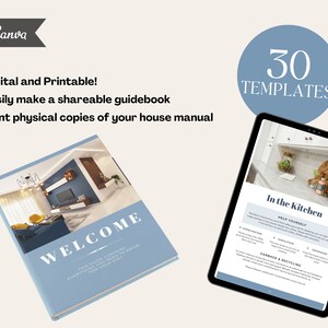 May include: A digital guidebook template with 30 templates for creating a house manual. The cover features a blue and yellow living room with the word "WELCOME" in white text. The guidebook is displayed on a tablet with a page titled "In the Kitchen" with a list of helpful tips.
