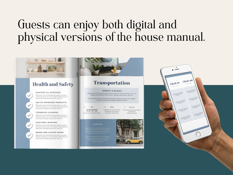 May include: An open house manual with a blue and white cover. The left page shows a list of health and safety guidelines, including sanitizing all surfaces, using approved products, thorough cleaning, high heat washing, and wearing masks and gloves. The right page shows a list of transportation options, including subway and busses, parking, and bicycle. A hand holds a smartphone displaying a digital version of the house manual.