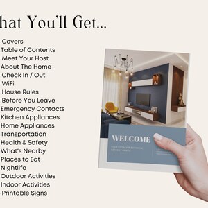 May include: A welcome guide for guests staying in a vacation rental. The guide includes information about the home, check-in and check-out procedures, house rules, emergency contacts, and local attractions. The guide is printed on a blue background with the word "WELCOME" in white text.
