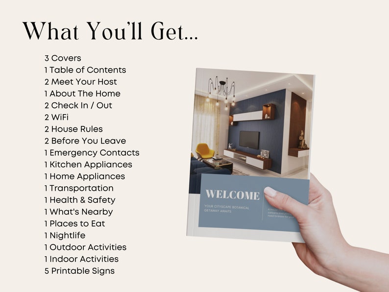 May include: A welcome guide for guests staying in a vacation rental. The guide includes information about the home, check-in and check-out procedures, house rules, emergency contacts, and local attractions. The guide is printed on a blue background with the word "WELCOME" in white text.
