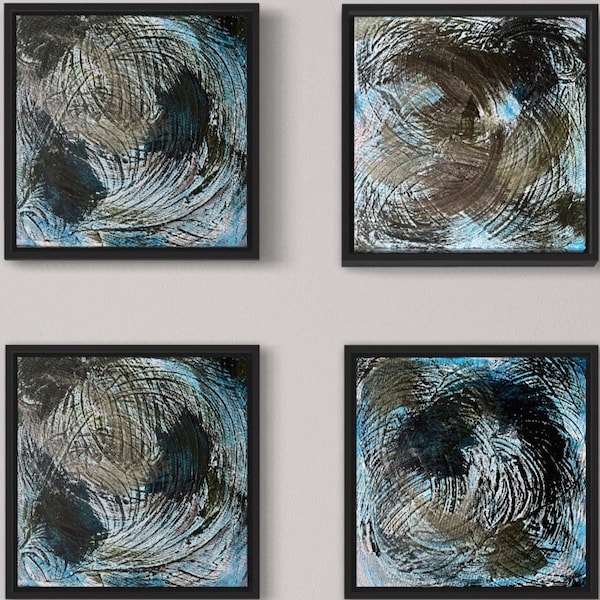 Privire   | 4er Set abstrakte Acrylgemälde | Originale zeitgenössische Malerei  | Blue Grey Black Color | Dark Art | Dark Aesthetic