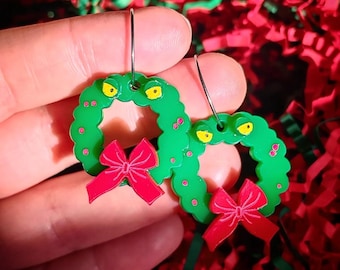 Nightmare Before Christmas earrings. Christmas wreath. Acrylic jewelry.
