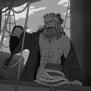 May include: A bearded man with long hair, wearing a black robe, stands on a wooden deck with ropes. He has tattoos on his chest and arms. The text "Bashful Yammerling" is visible at the bottom of the image.