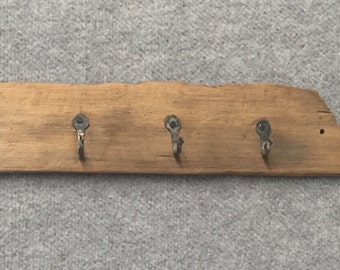 Driftwood key rack, wrought iron hooks, nautical, original