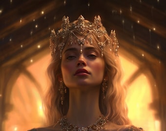 May include: A woman wearing a gold crown and a long, flowing white dress with gold embellishments. She is standing in a dimly lit room with a golden glow.