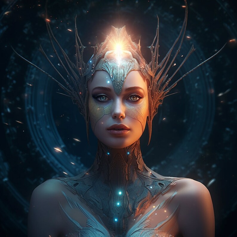 May include: A digital art portrait of a woman with a celestial theme. She wears an ornate, golden headpiece with radiating light. Her face is adorned with gold accents, and her skin glows. The background is a dark blue with a circular design.