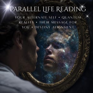 Peut inclure: Un homme regarde dans un miroir doré, le reflet montrant un visage cosmique. L'image comprend le texte "PARALLEL LIFE READING", avec du texte supplémentaire sur le soi alternatif, la réalité quantique et l'alignement du destin.