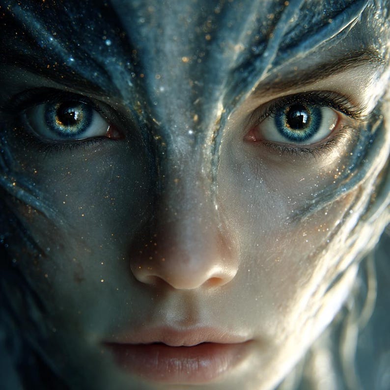May include: Close-up of a face with striking blue eyes, detailed with golden flecks. The skin has a subtle, ethereal glow, and the face is framed by intricate, blue-toned designs. The overall aesthetic suggests a fantasy or otherworldly theme.