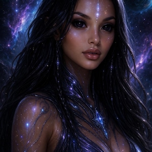May include: Digital art portrait of a woman with long black hair and a cosmic background. She wears a dark, ornate, purple and blue dress with sparkling accents. The image has a fantasy theme with celestial elements.
