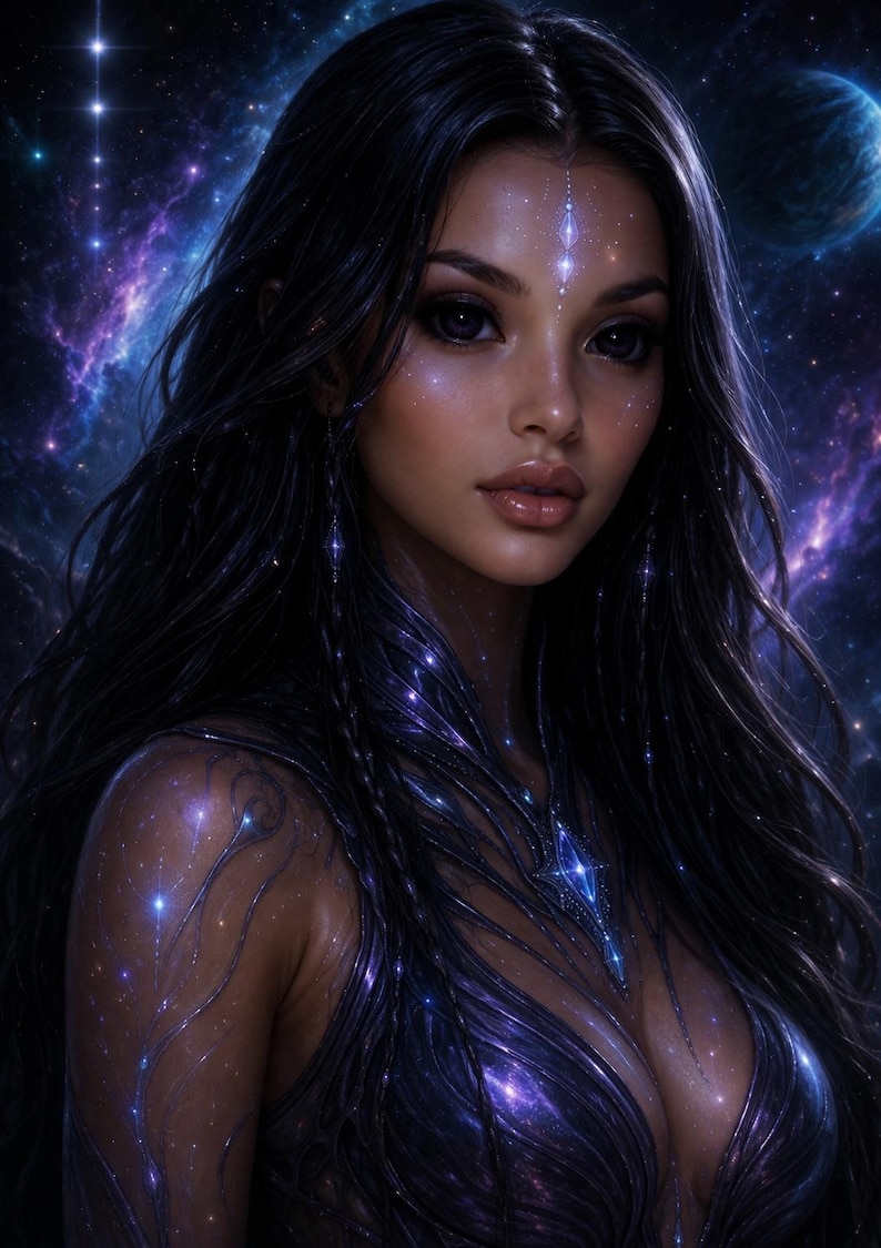 May include: Digital art portrait of a woman with long black hair and a cosmic background. She wears a dark, ornate, purple and blue dress with sparkling accents. The image has a fantasy theme with celestial elements.