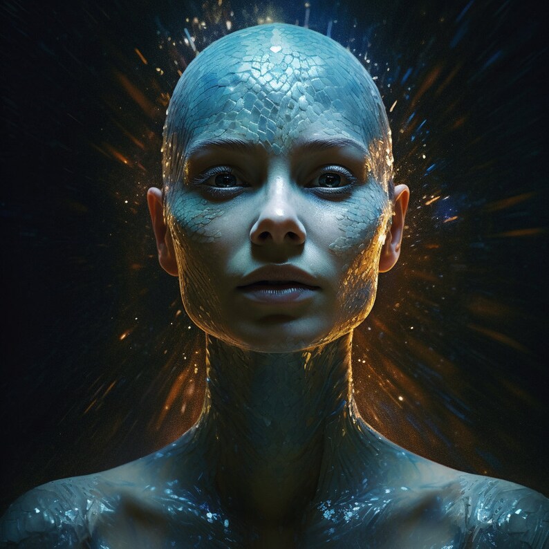May include: A digital art portrait of a person with a reptilian skin texture. The skin is a mix of blue and green hues, with a scale-like pattern. The background is dark with golden light bursts.