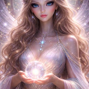 May include: A digital illustration of a fantasy figure with long, wavy blonde hair, blue eyes, and a delicate floral crown. She wears a flowing, light-colored gown and holds a glowing orb. The background is filled with sparkling lights.