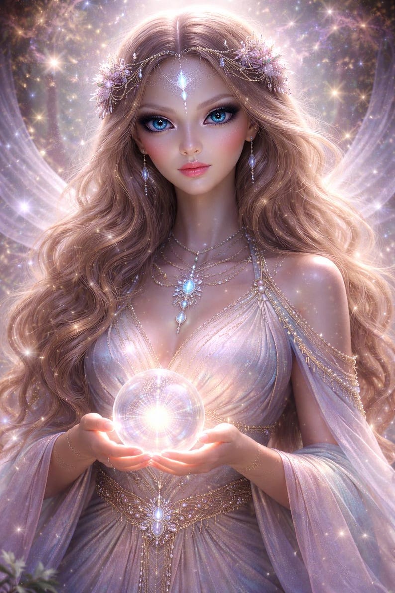 May include: A digital illustration of a fantasy figure with long, wavy blonde hair, blue eyes, and a delicate floral crown. She wears a flowing, light-colored gown and holds a glowing orb. The background is filled with sparkling lights.