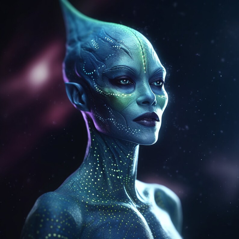 May include: A digital art portrait of an alien with blue skin and a distinctive head shape. The alien has glowing green and white markings on the face and neck, with dark eye makeup and a serious expression. The background is dark with hints of purple.