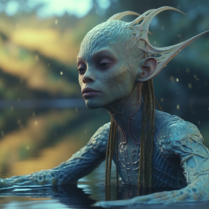 May include: A serene image of a humanoid creature with pale blue skin, large ears, and long, flowing hair. The creature is partially submerged in water, with a contemplative expression. The background features a blurred landscape of trees and water, creating a mystical atmosphere.