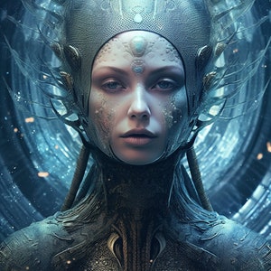 May include: A digital art portrait of a person with pale skin, blue eyes, and a serene expression. They wear an ornate, silver-toned headpiece with intricate details and a matching textured garment. The background features a swirling, blue-toned design.