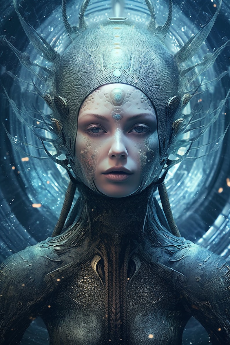 May include: A digital art portrait of a person with pale skin, blue eyes, and a serene expression. They wear an ornate, silver-toned headpiece with intricate details and a matching textured garment. The background features a swirling, blue-toned design.