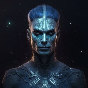May include: A digital art portrait of a humanoid alien with blue skin and hair. The alien has intricate facial patterns and a stern expression. The background is a dark space with scattered stars, creating a sci-fi or fantasy theme.