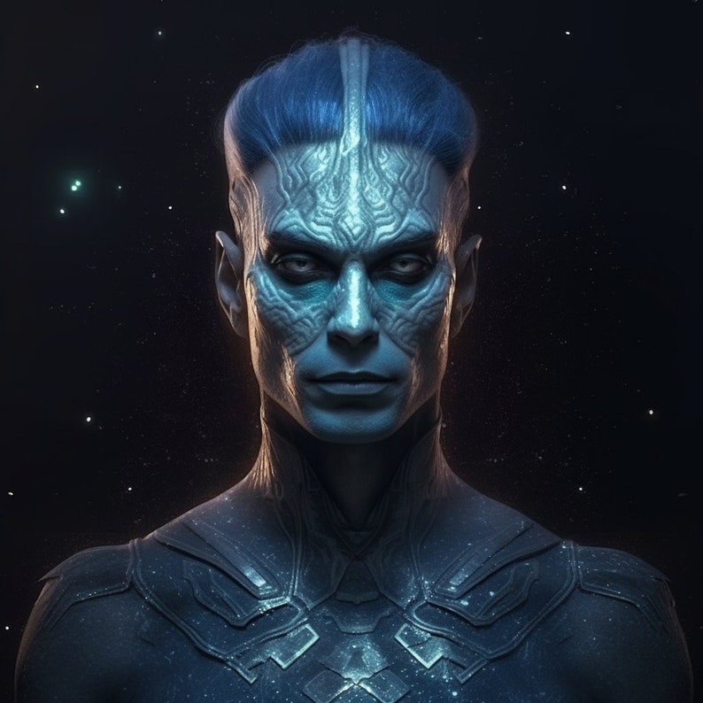 May include: A digital art portrait of a humanoid alien with blue skin and hair. The alien has intricate facial patterns and a stern expression. The background is a dark space with scattered stars, creating a sci-fi or fantasy theme.