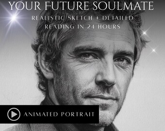May include: A monochrome portrait of a man with the text "YOUR FUTURE SOULMATE" and "REALISTIC SKETCH + DETAILED READING IN 24 HOURS". A black bar at the bottom reads "ANIMATED PORTRAIT".