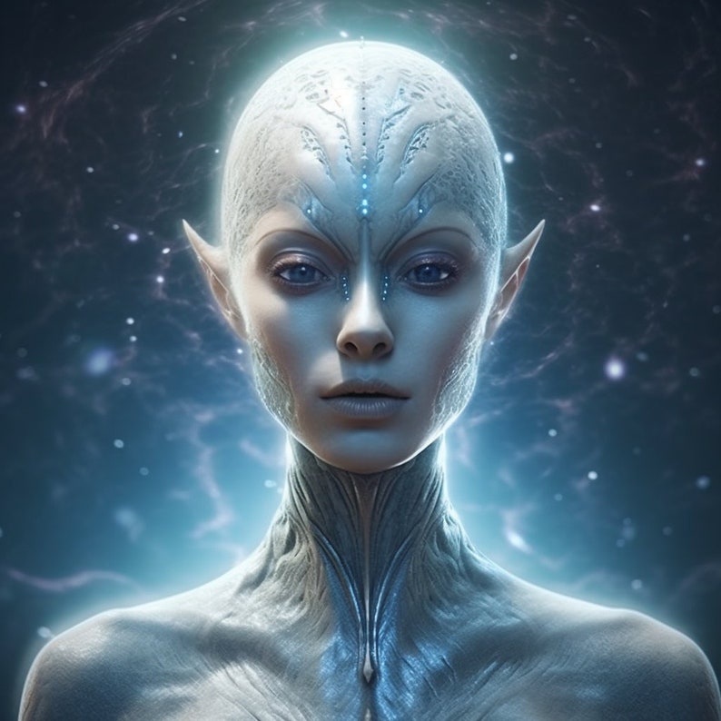May include: A digital art portrait of a humanoid figure with pale skin, pointed ears, and blue eyes. The figure has a smooth, hairless head with intricate markings and is set against a cosmic background with swirling nebulas and stars.