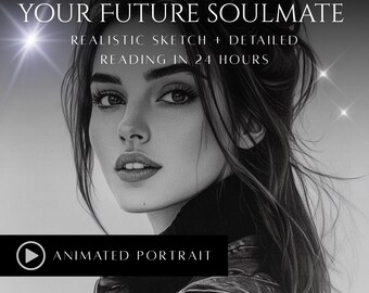 May include: Monochrome portrait of a woman with long hair, with the text "YOUR FUTURE SOULMATE" and "REALISTIC SKETCH + DETAILED READING IN 24 HOURS." A black rectangle at the bottom reads "ANIMATED PORTRAIT."