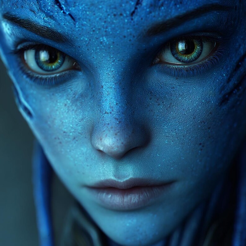 May include: Close-up of a blue-skinned humanoid face with striking yellow and green eyes. The face has detailed textures and subtle markings, with a serene expression. The image evokes a sense of fantasy and otherworldly beauty.