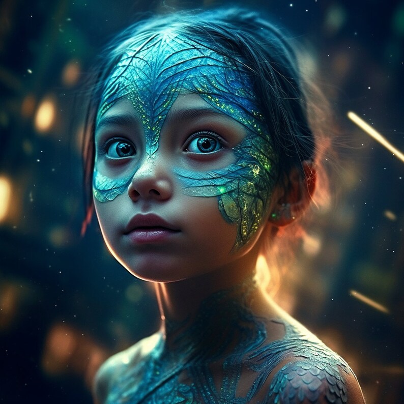 May include: A young person with blue and green face paint in a feather design. The person has blue eyes and dark hair. The background is blurred with bokeh lights.