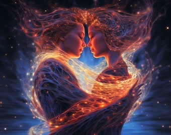 May include: Two figures, one with fiery orange hair and the other with blue hair, are intertwined in a passionate embrace. They are surrounded by swirling, glowing particles that resemble stars or fireflies, creating a magical and ethereal atmosphere.