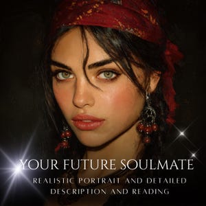 May include: A realistic portrait of a woman with green eyes, wearing a red headscarf and earrings with red beads. The image includes the text "YOUR FUTURE SOULMATE" and "REALISTIC PORTRAIT AND DETAILED DESCRIPTION AND READING".