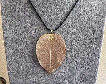 Goldtone Dipped Leaf Pendant ok Black Nylon cord | Nature Jewelry | Statement necklace