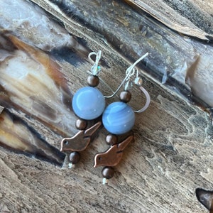 Blue Lace Agate and Copper bird Dangle Earrings Sterling French wires | Crystal earrings | Bird jewelry | copper and baby blue
