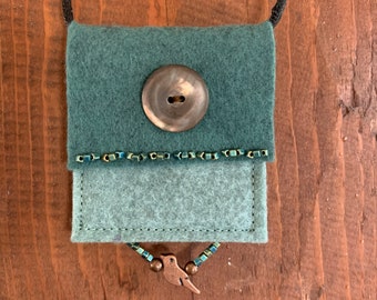 Teal/Mint Grey With Black Silky Cord Mother of Pearl Button Bird charm Felt Trinket Amulet Crystal Pouch