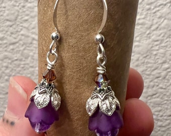 Purple Tulip Style Beaded Earrings | Sterling Floral Earrings | Swarovski | Flower Jewelry | Handmade Earrings