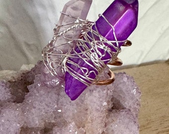 Purple Power Double Aura Quartz Crystal Copper wrapped ring | Copper ring with Silver Wrapwork | Size 7