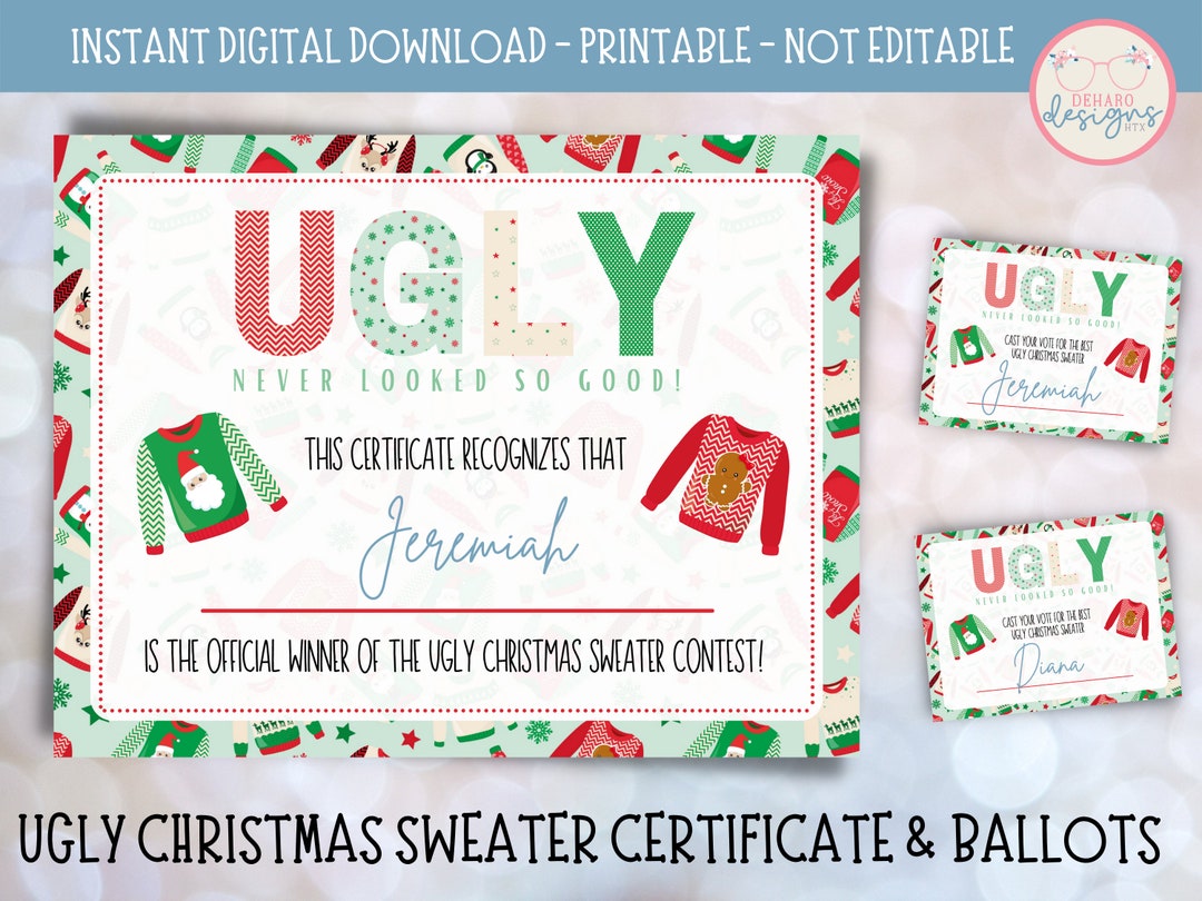 UGLY CHRISTMAS SWEATER Certificate & Ballots Instant Digital Download Diy Printable - Etsy